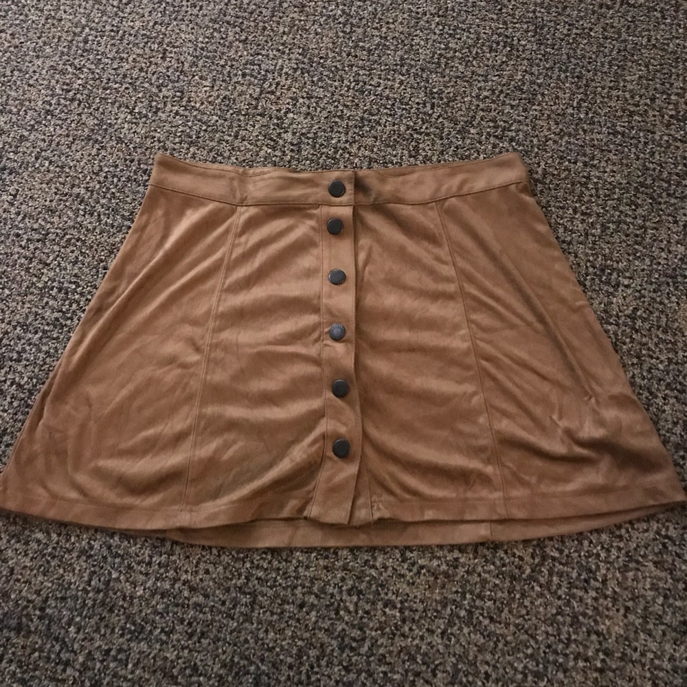 Suede brown button fit flare skirt.